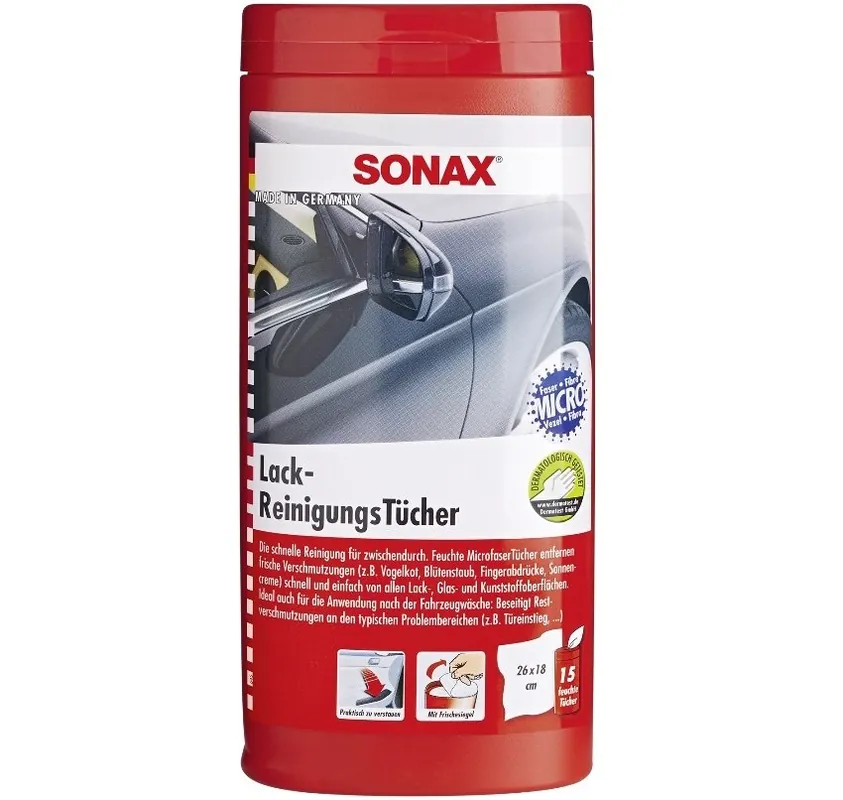 Expresní Doručení Čistící vlhčené mikrovláknové utěrky v plastovém boxu na karoserii (15 ks) - Sonax