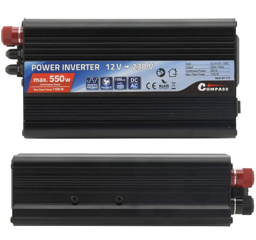 Zlevněný Měnič napětí z 12V > 230V 550W trvalý vstupní výkon + USB výstup COMPASS