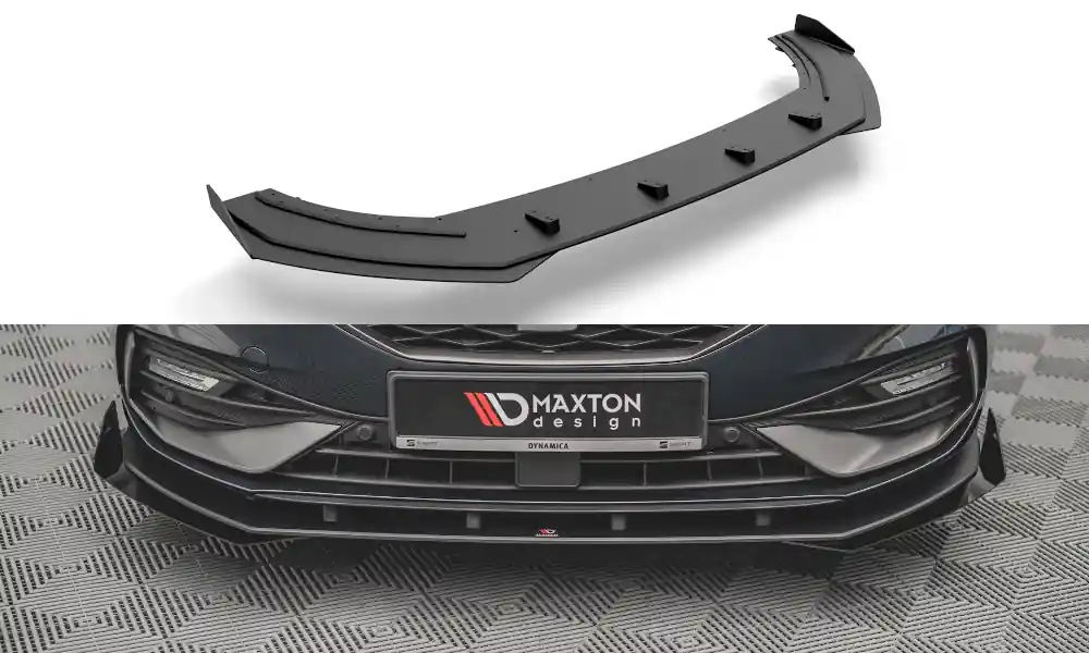 Seat Leon FR Mk4, spoiler pod přední nárazník s křidélky, plast ABS bez povrchové úpravy, s červenou linkou, Maxton design Bezpečná Platba