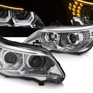 Dokud Zásoby Vydrží BMW E60/E61 03-07 - přední chrom světla s ANGEL EYES 3D s LED blikačem