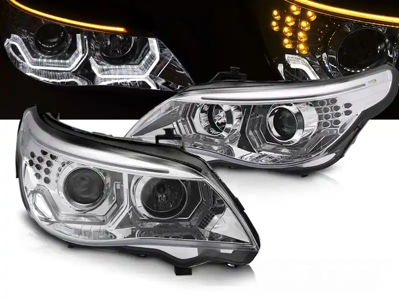 Dokud Zásoby Vydrží BMW E60/E61 03-07 - přední chrom světla s ANGEL EYES 3D s LED blikačem