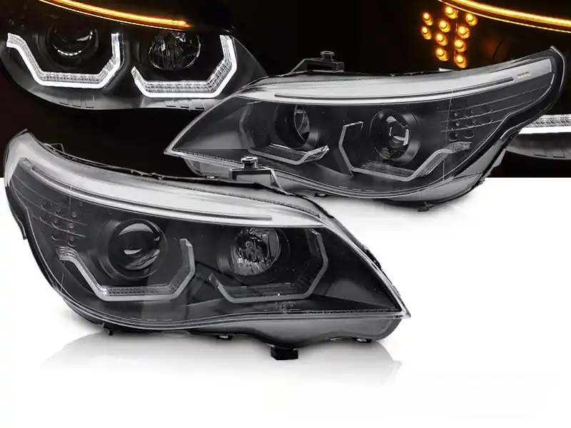 BMW E60/E61 03-07 - přední černá světla s ANGEL EYES 3D s LED blikačem Kup Teď
