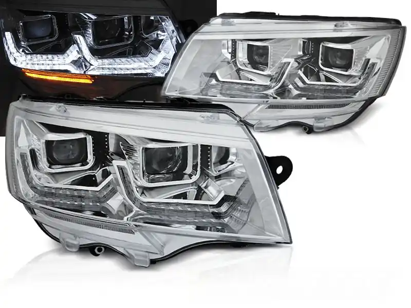 VW T6.1 20- - přední chrom světla TUBE LIGHT s LED denním svícením a dynamickým blinkrem Zlevněný