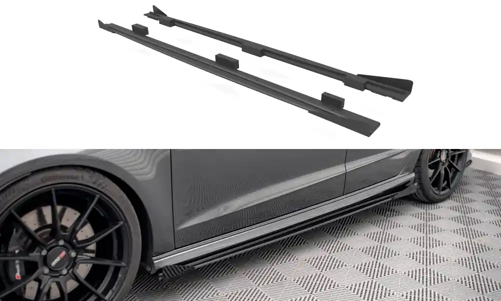 Časově Omezené Audi S3 8V FL Sportback, "Street Pro" difuzory pod boční prahy s křidélky, plast ABS bez povrchové úpravy, Sportback, s červenou linkou, Maxton design