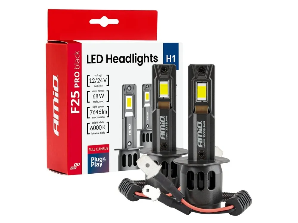 AMiO LED žárovky H1 Série F25 PRO BLACK FULL CANBUS 68W 12V 24V Tovární Cena