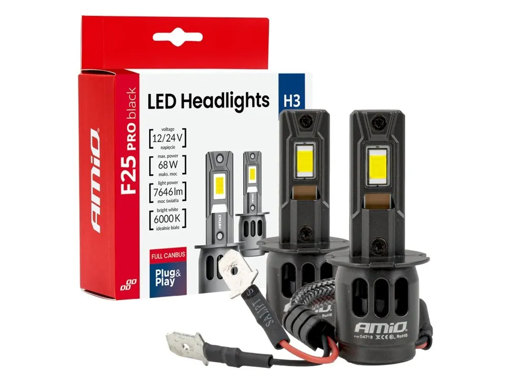 AMiO LED žárovky H3 Série F25 PRO BLACK FULL CANBUS 68W 12V 24V Výhodná Nabídka