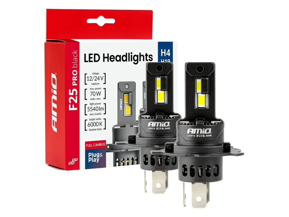 Bezpečná Platba AMiO LED žárovky H4 H9 Série F25 PRO BLACK FULL CANBUS 70W 12V 24V