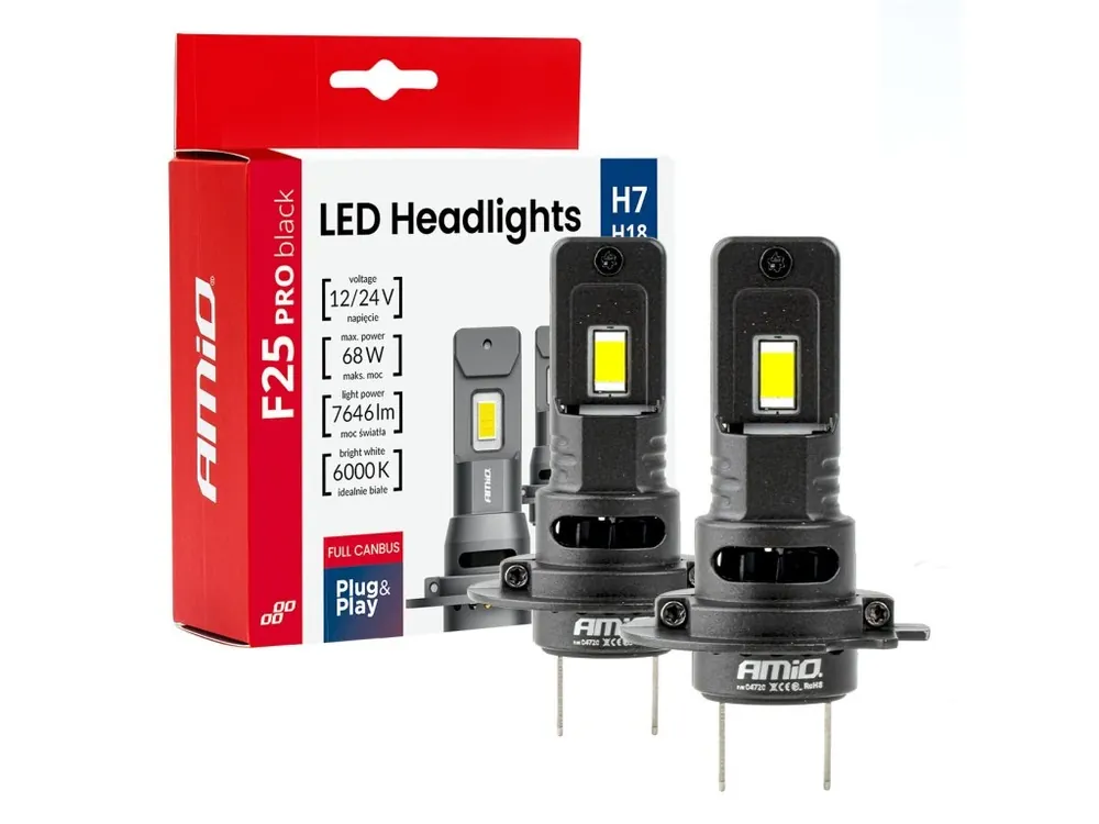 Kup Teď AMiO LED žárovky H7 Série F25 PRO BLACK FULL CANBUS 68W 12V 24V