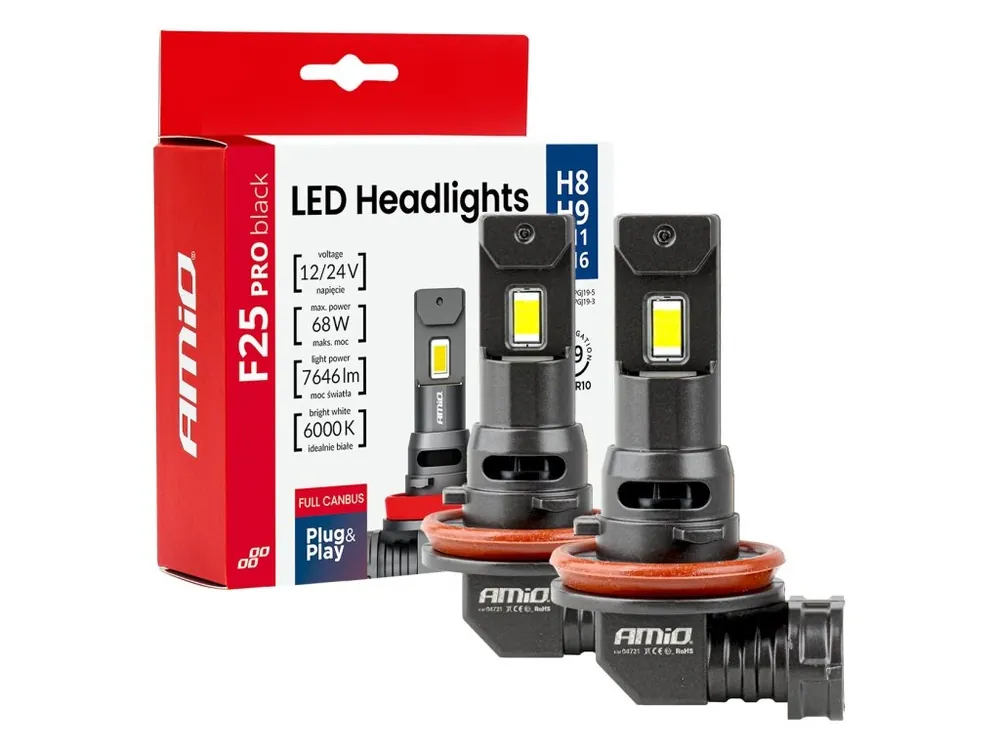 AMiO LED žárovky H8 H9 H11 H16 Série F25 PRO BLACK FULL CANBUS 68W 12V 24V Zlevněný