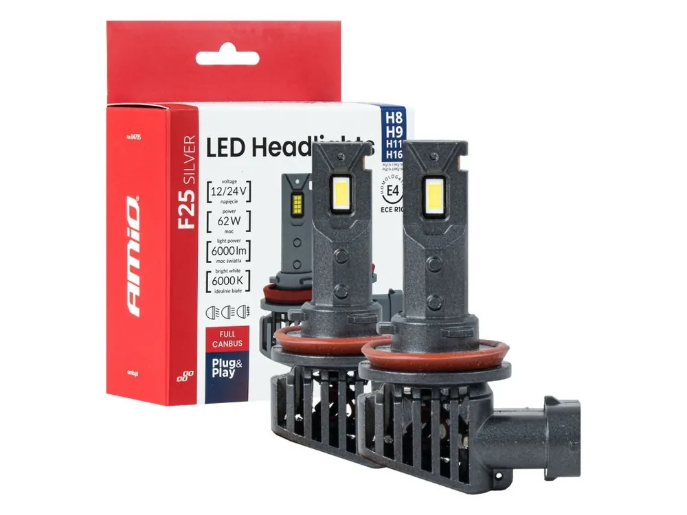 AMiO LED žárovky H8/H9/H11/H16 Série F25 SILVER FULL CANBUS 62W 12V 24V Oblíbený