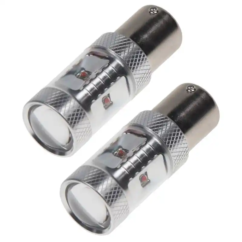 Bezpečná Platba LED žárovky BA15S P21W, 6 SMD CREE LED XBD + rozptylová čočka, červené, 2 ks STUALARM