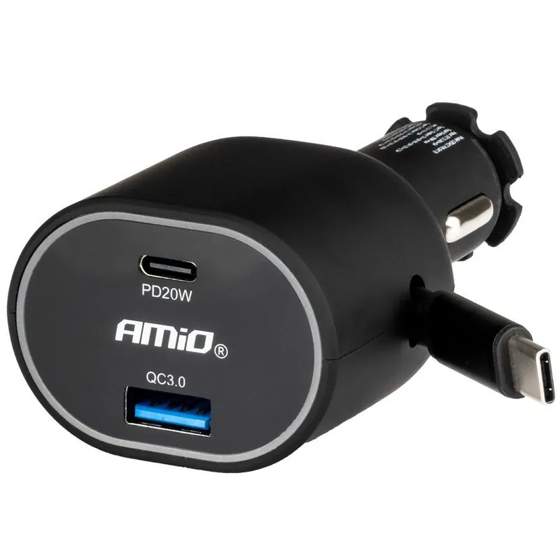 Ověřený USB nabíječka do auta AMIO s navíjecím USB-C kabelem a zdířkami USB-A QC3.0 + USB-C PD20W