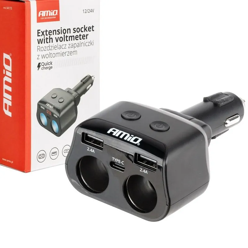 Speciální Cena Rozbočovač do auta AMIO 2x 12/24V 2x USB 2.4A 1x USB-C 3.1A + voltmetr
