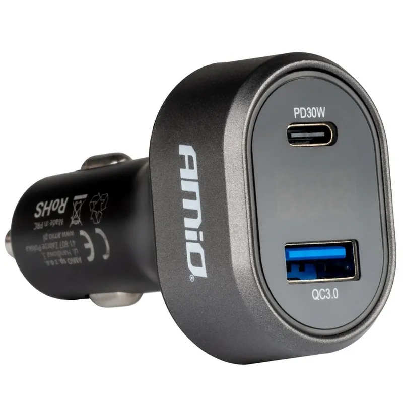 Horká Nabídka USB nabíječka do auta AMIO s voltmetrem 12/24V USB-A + USB-C 48W