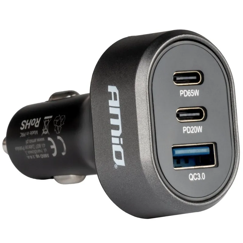 USB nabíječka do auta AMIO 12/24V USB-A + USB-C PD65W + USB-C PD20W Cenově Výhodný