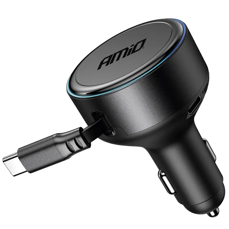 Sleva USB nabíječka do auta AMIO 60W 12/24V s navíjecím USB-C kabelem a zdířkou USB-C