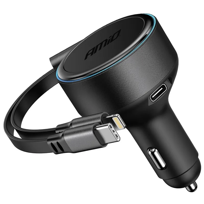 USB nabíječka do auta AMIO 60W 12/24V s navíjecím kabelem Lightning + USB-C a zdířkou USB-C Nejlepší Cena