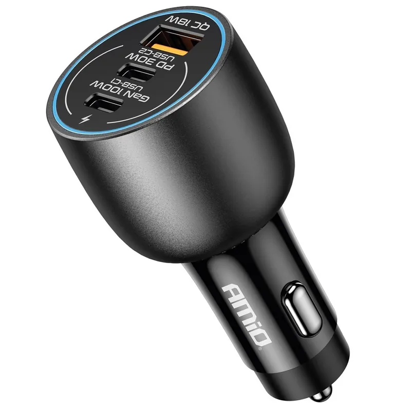 USB nabíječka do auta AMIO 12/24V 2x USB-C + USB-A 100W s čipy GaN Speciální Cena