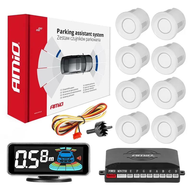 Přední + zadní parkovací senzory AMIO s 3D LED displejem, bílé, 8 snímačů Tovární Cena