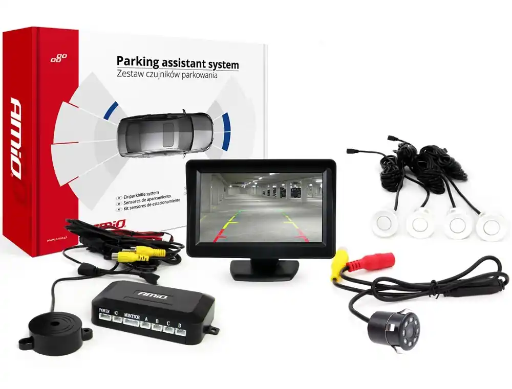 Parkovací senzory s kamerou AMIO HD-307-IR a TFT displejem 4.3", bílé Autentický