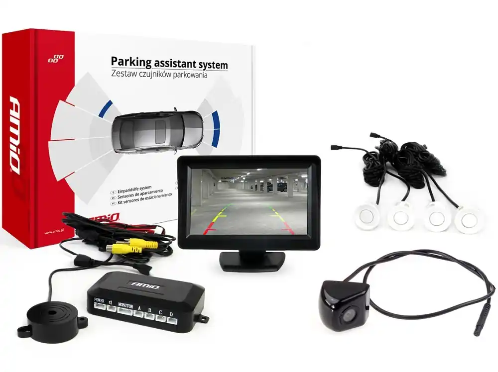 Parkovací senzory s kamerou AMIO HD-310 a TFT displejem 4.3", bílé Ověřený