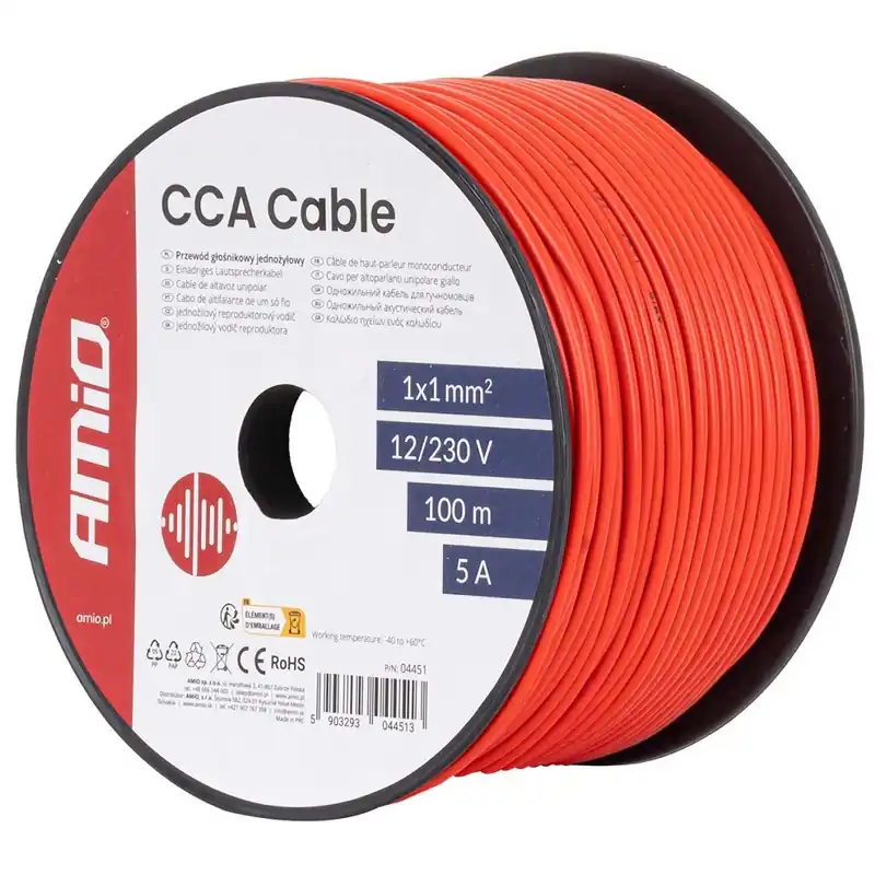 Rychlé Dodání Jednožilový červený kabel AMIO 1x1 mm² 5A 12/230V (100 m)