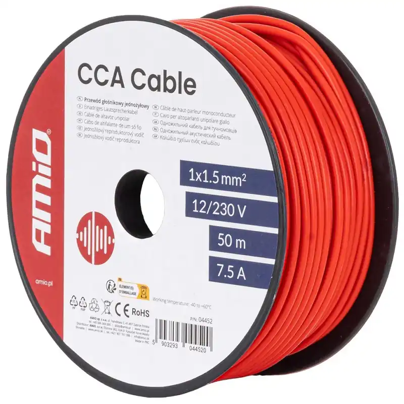 Jednožilový červený kabel AMIO 1x1.5 mm² 7.5A 12/230V (50 m) Pouze Dnes