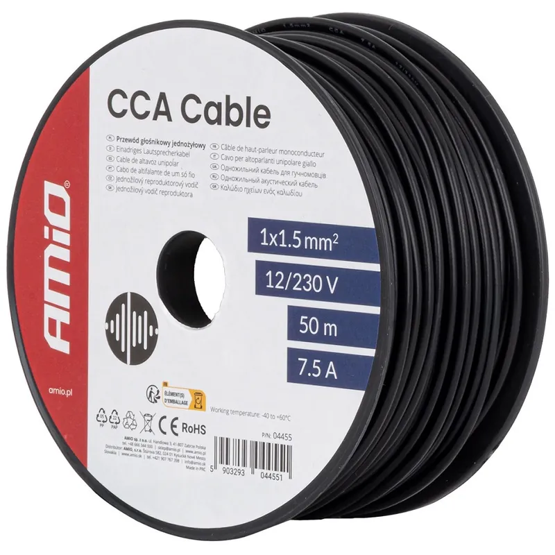 Expresní Doručení Jednožilový černý kabel AMIO 1x1.5 mm² 7.5A 12/230V (50 m)