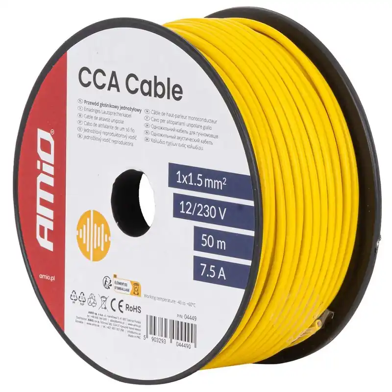 Levný Jednožilový žlutý kabel AMIO 1x1.5 mm² 7.5A 12/230V (50 m)