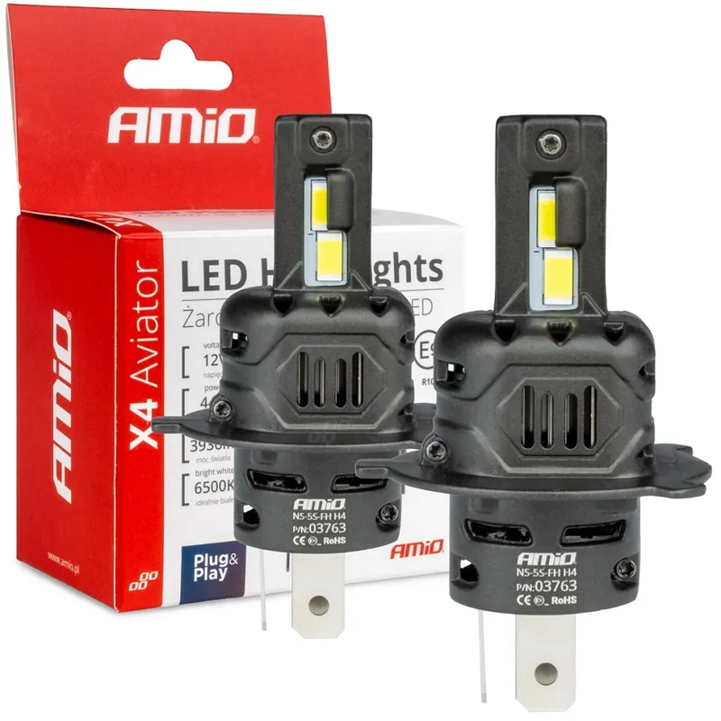 LED žárovky H4 H19 AMIO LED X4 Aviator Series, bílé 6500K 3936 LM, 2 ks Omezená Nabídka