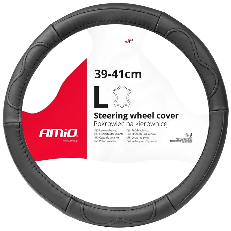 Sleva Kožený potah na volant 39 - 41 cm AMIO L, černý, hladká prošívaná kůže