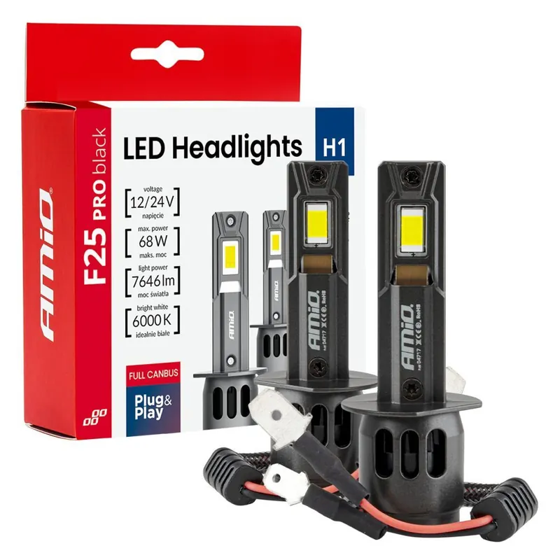 LED žárovky H1 AMIO F25 PRO BLACK FULL CAN-BUS, bílé 6000K 7646 LM, 2 ks Vysoce Kvalitní