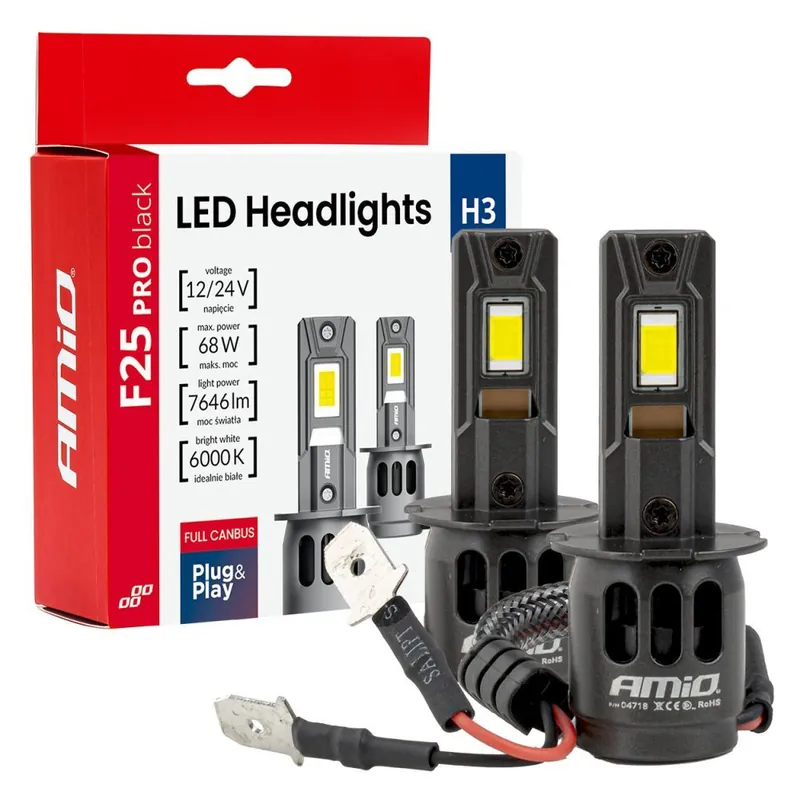 Koupit Online LED žárovky H3 AMIO F25 PRO BLACK FULL CAN-BUS, bílé 6000K 7646 LM, 2 ks