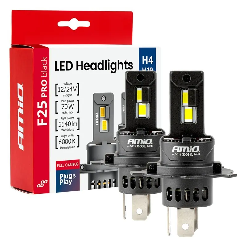 LED žárovky H4 H19 AMIO F25 PRO BLACK FULL CAN-BUS, bílé 6000K 5540 LM, 2 ks Vysoce Kvalitní