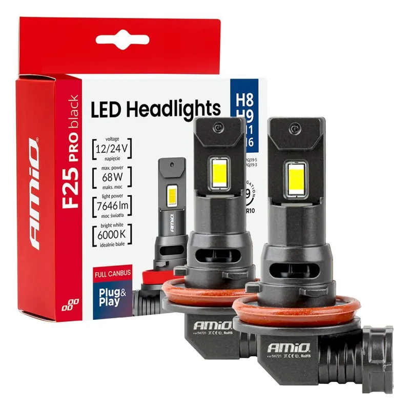 LED žárovky H8 H9 H11 H16 AMIO F25 PRO BLACK FULL CAN-BUS, bílé 6000K 7646 LM, 2 ks Jen Po Omezenou Doba