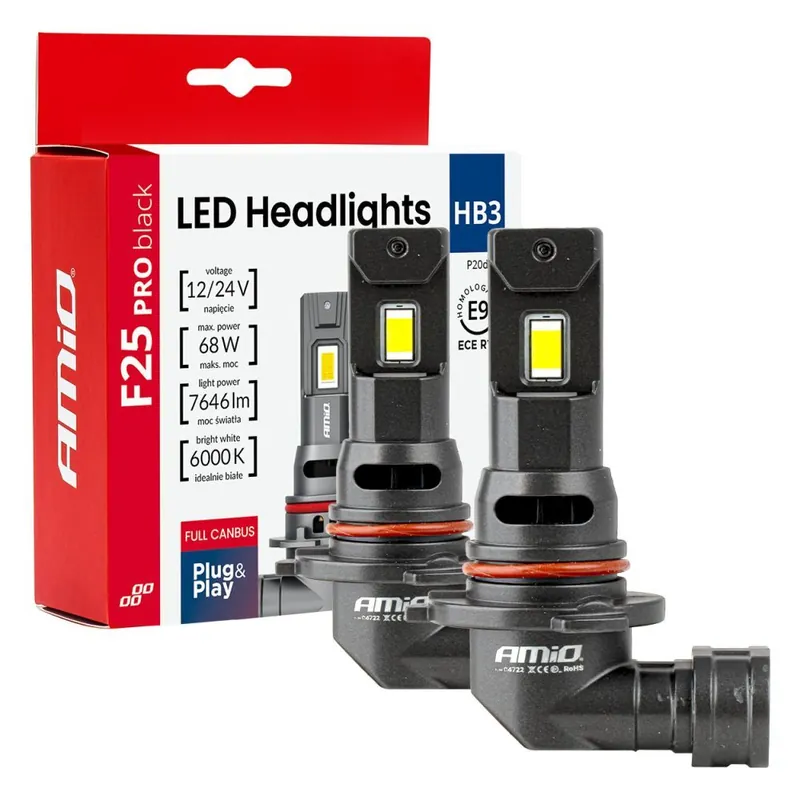 LED žárovky HB3 AMIO F25 PRO BLACK FULL CAN-BUS, bílé 6000K 7646 LM, 2 ks Poslední Šance