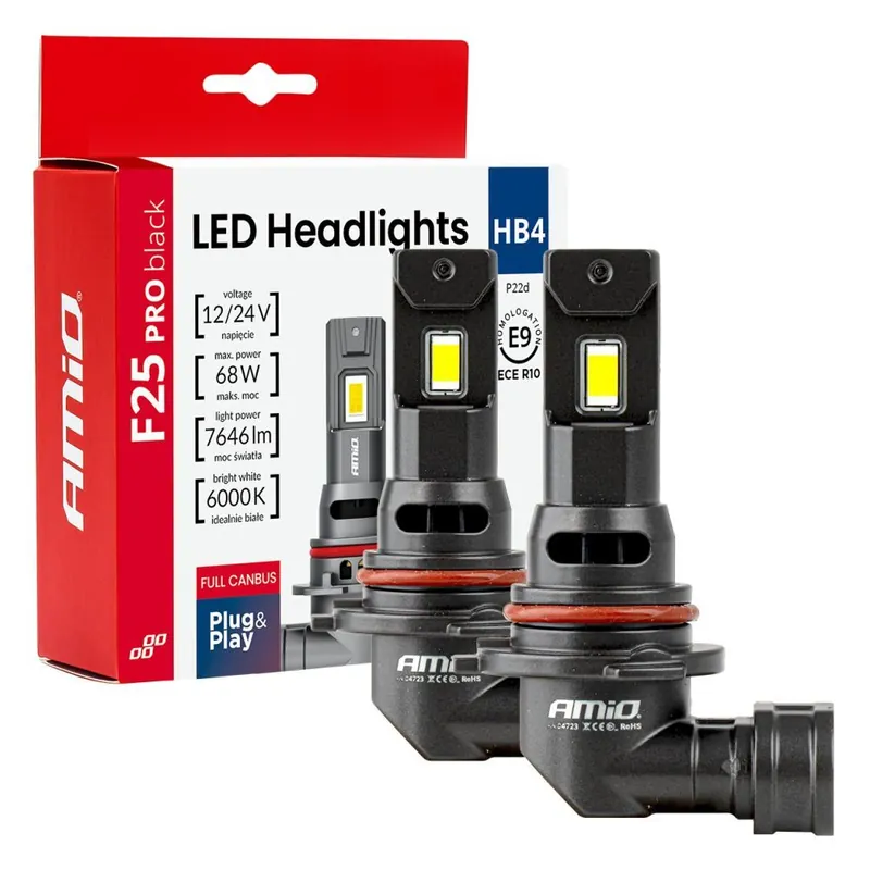 LED žárovky HB4 AMIO F25 PRO BLACK FULL CAN-BUS, bílé 6000K 7646 LM, 2 ks Akce