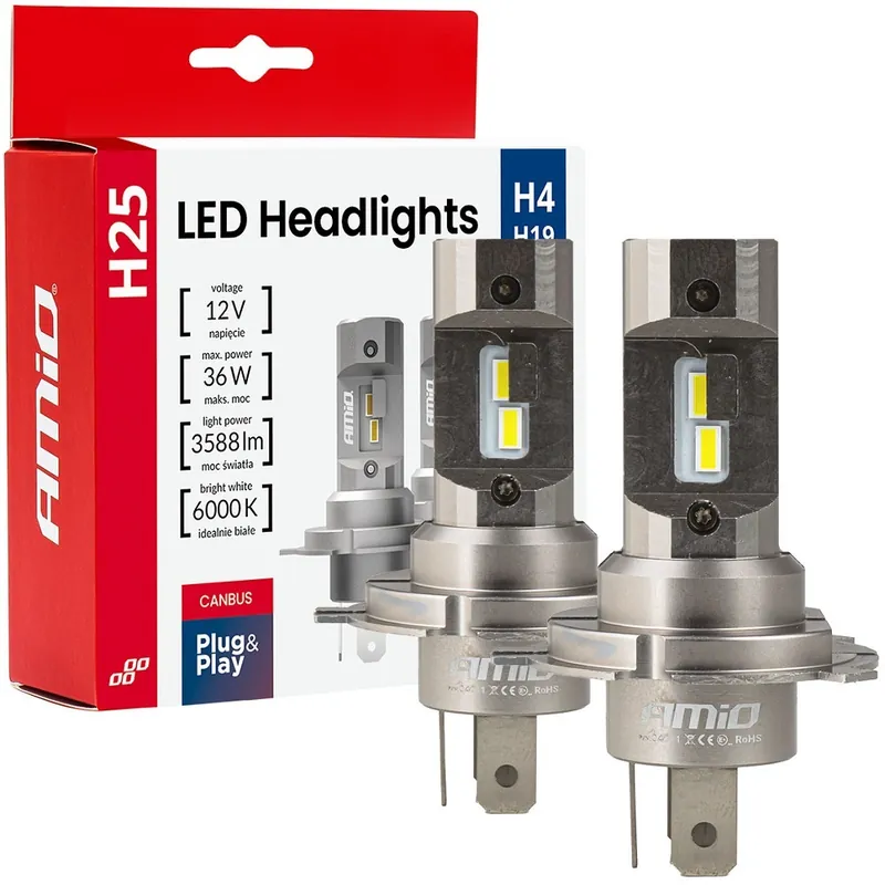 LED žárovky H4 H19 AMIO H25 FULL CAN-BUS, bílé 6000K 3588 LM, 2 ks Sezónní Sleva