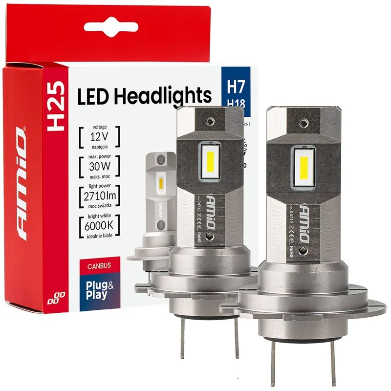 Nejprodávanější LED žárovky H7 H18 AMIO H25 FULL CAN-BUS, bílé 6000K 2710 LM, 2 ks