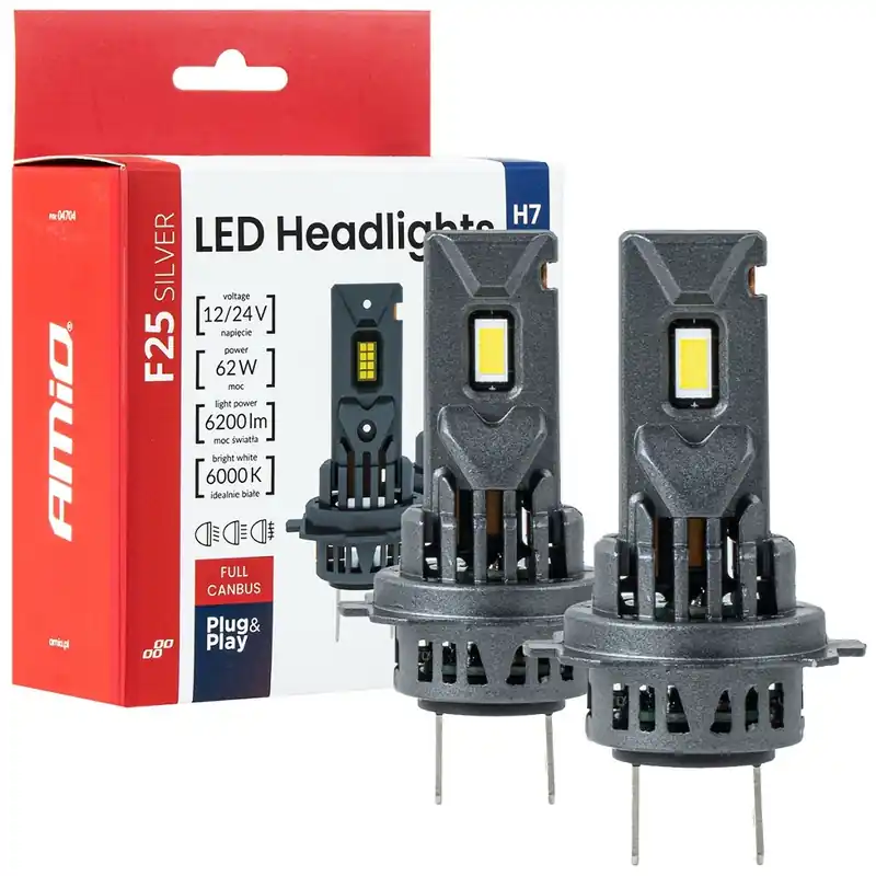 LED žárovky H7 H18 AMIO F25 SILVER FULL CANBUS 6200 LM Ověřený