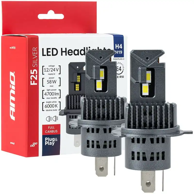 Top Prodej LED žárovky H4 H19 AMIO F25 SILVER FULL CANBUS 4700 LM